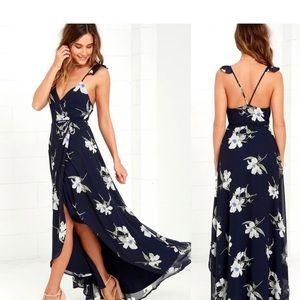 new with tags Lulu’s Navy Blue floral print wrap high-low dress